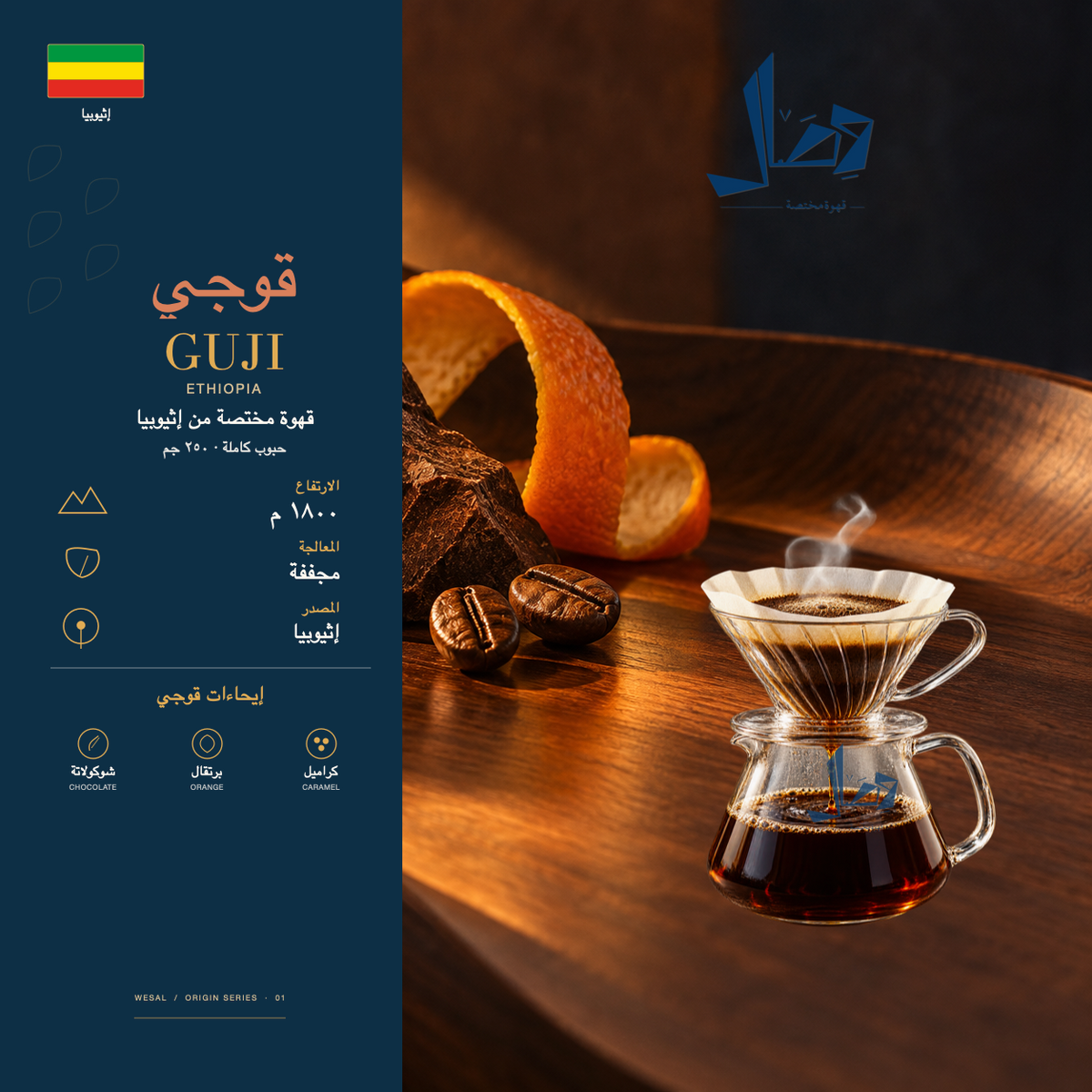قوجي | Guji — لوحة وصال للمحصول: المنشأ إثيوبيا، المعالجة مجففة، وإيحاءات شوكولاتة، برتقال، كراميل.