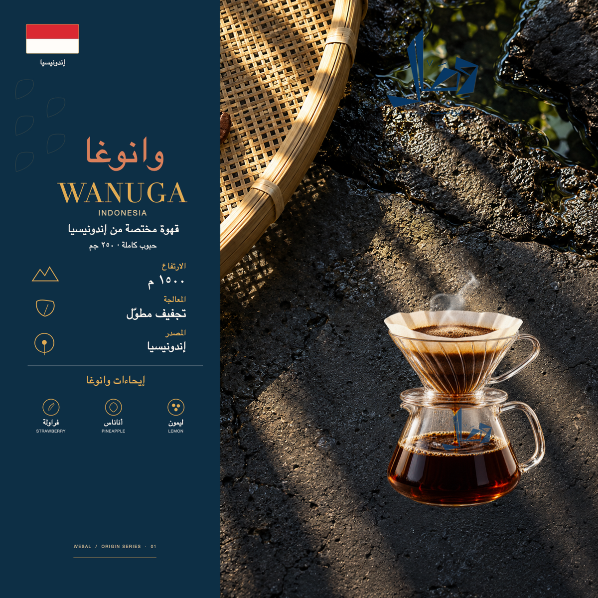 وانوغا | Wanuga — لوحة وصال للمحصول: المنشأ إندونيسيا، المعالجة تجفيف مطوّل، وإيحاءات فراولة، أناناس، ليمون.