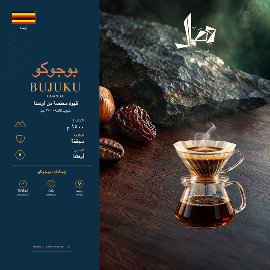 بوجوكو | Bujuku — لوحة وصال للمحصول: المنشأ أوغندا، المعالجة مجففة، وإيحاءات شوكولاتة، بندق، زبيب.