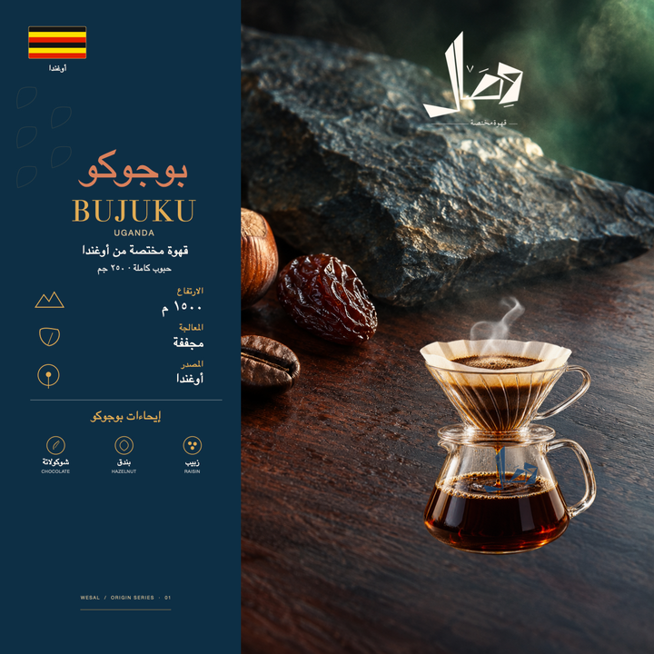 بوجوكو | Bujuku — لوحة وصال للمحصول: المنشأ أوغندا، المعالجة مجففة، وإيحاءات شوكولاتة، بندق، زبيب.