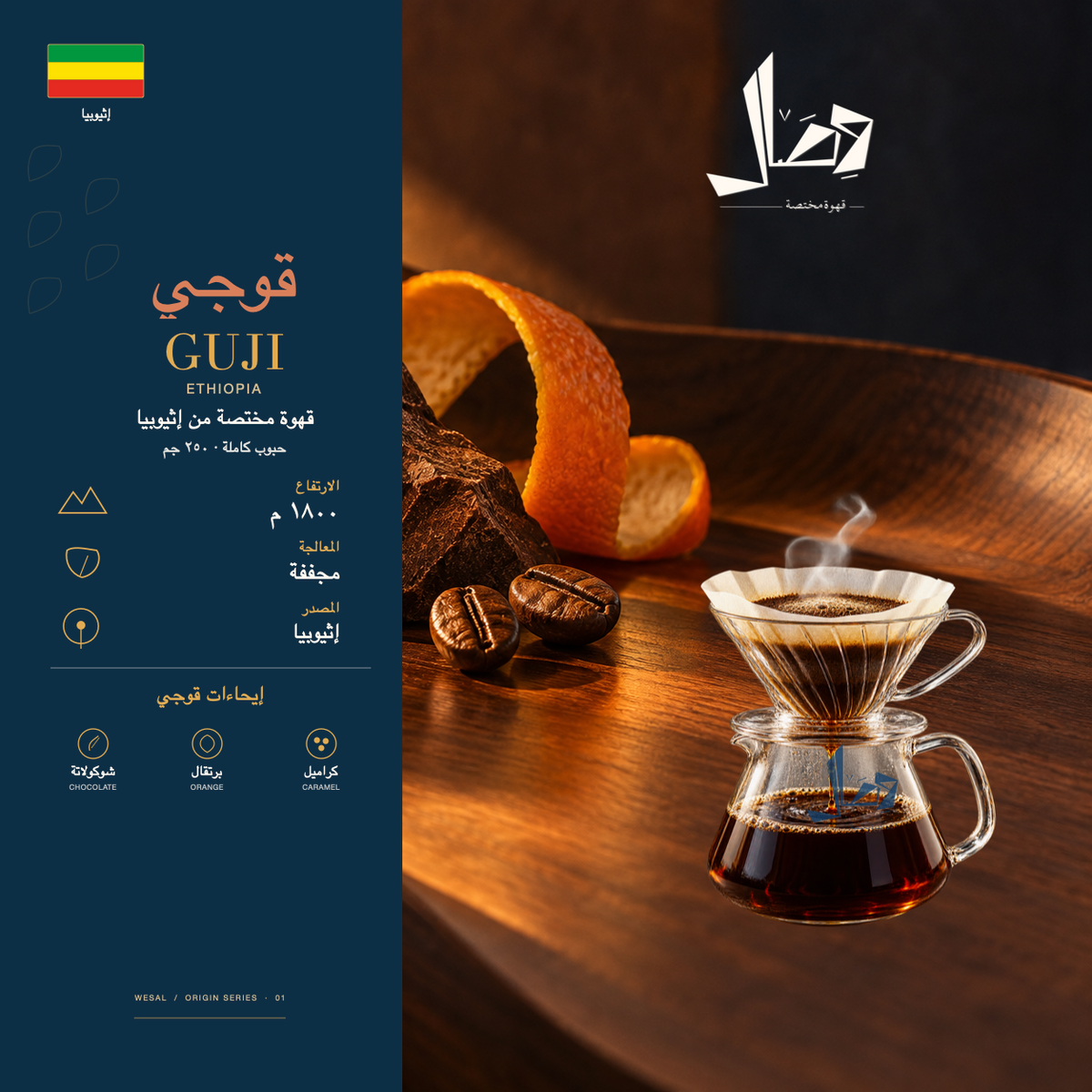 قوجي | Guji — لوحة وصال للمحصول: المنشأ إثيوبيا، المعالجة مجففة، وإيحاءات شوكولاتة، برتقال، كراميل.