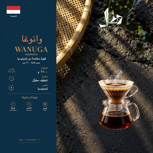 وانوغا | Wanuga — لوحة وصال للمحصول: المنشأ إندونيسيا، المعالجة تجفيف مطوّل، وإيحاءات فراولة، أناناس، ليمون.